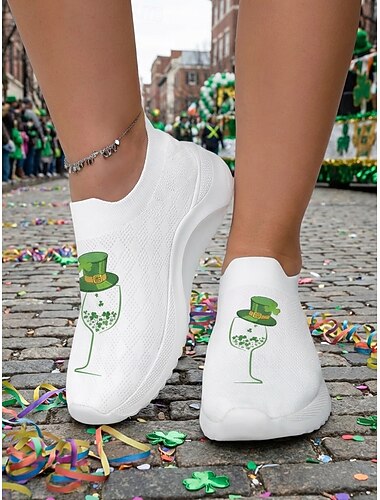  Dames slip-on sneakers met kabouterhoedprint voor St. Patrick's Day - ademende Flyknit casual wandelschoenen voor Ierse festivals, parades en pubbijeenkomsten &dagelijkse kleding