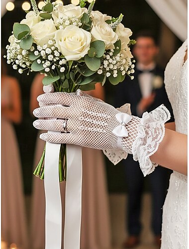  Guanti da donna in pizzo di poliestere a rete, guanti da sposa elasticizzati e traspiranti neri e bianchi, eleganti guanti da festa vintage trasparenti per matrimoni, balli di fine anno, eventi serali e occasioni formali