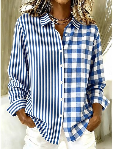  Dame Skjorte Bluse Patchwork Knapper Trykt mønster Grafisk Geometrisk Ternet Årgang Tropisk Daglig Langærmet Krave Almindelige toppe Daglig Blå Gul Lyserød Sommer Forår
