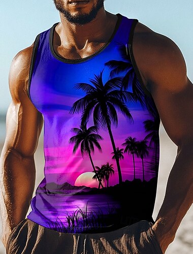  Heren tanktop, vest, ondershirt, mouwloos shirt met U-hals, zomer, paars, roze, zonsondergang, tropisch, palmbomen, strand, grafische print over de hele stof, vakantie, mode, streetwear, casual,