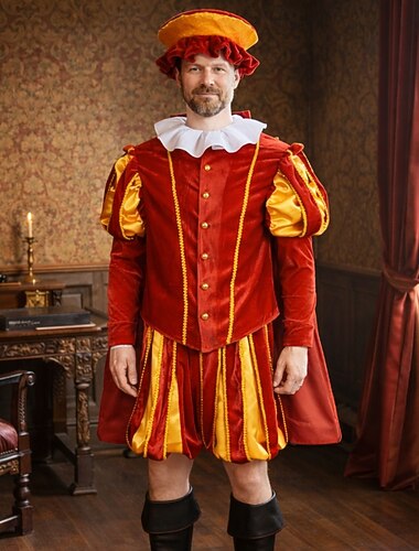  Set Médiéval Renaissance Mi-long Pantalon Chapeau Cape Manches longues Prince Gentleman Noble Déguisement Unisexe Halloween Carnaval Mascarade Foire de la Renaissance LARP Soirée à thème rétro Adulte