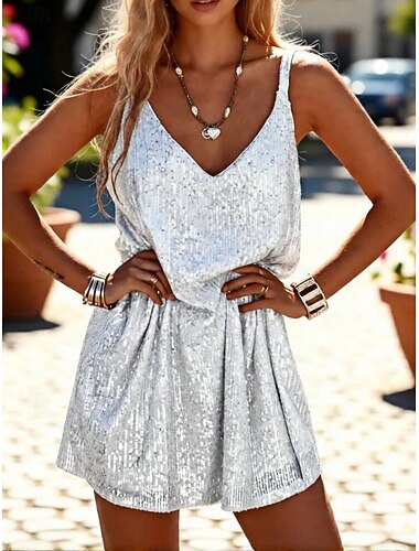  Damen Minikleid Weißes Kleid Paillettenkleid Freizeitkleid Mode Modern Outdoor Urlaub Party Normale Passform Einfach Ärmellos V Ausschnitt Schwarz Weiß Gelb Sommer Frühling
