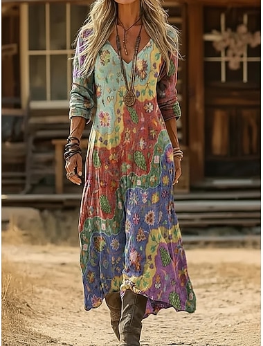  Per donna Abito lungo maxi Abito Boho Abito Vintage Vestito Casual Vintage Quotidiano All'aperto Vacanza Vestibilità regolare Floreale Manica Lunga Scollo a V Blu Viola Verde Grigio Primavera Autunno