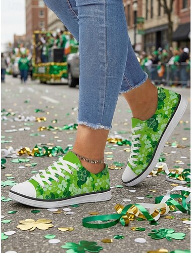  Grüne Canvas-Sneaker mit Kleeblattmuster zum St. Patrick's Day – klassische Schnürschuhe für die Freizeit, ideal für irische Paraden, Feiertagsfeste und Straßenfeste. &Alltagsmode