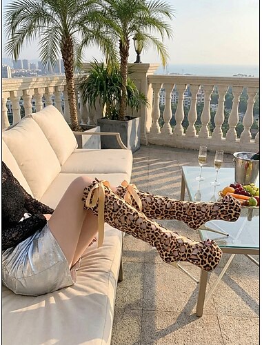  Dameslaarzen met luipaardprint en vetersluiting tot boven de knie - sexy platformlaarzen met gouden hoge hak voor het nachtleven, feestjes en clubs.