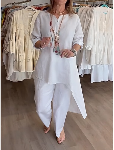  Mujer Camisa Conjuntos de lino y algodón Conjuntos de dos piezas Pantalones de pierna ancha Manga Larga Escote en Pico Plano Moda Ropa de calle Diario Casual Diario Azul Piscina Negro Blanco Verano