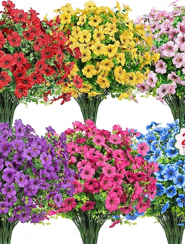  24 Bündel künstliche Blumen für den Außenbereich, UV-beständige Kunstseidenblumen, künstliche Kunststoffpflanzen für Frühling und Sommer, Garten, Veranda, Fensterkasten, Tischvase, Dekoration für