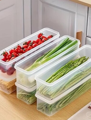  Confezione da 6 contenitori impilabili per frigorifero con coperchio &vassoio di drenaggio rimovibile, contenitori lunghi per alimenti per carne, pesce, verdure, pasta, cipollotti &erbe aromatiche