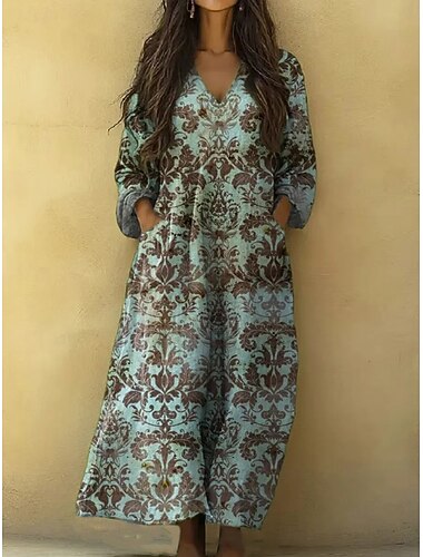  Dames Maxi-jurk Zonnejurk A lijn jurk Vakantie Casual Boho Strand Uitgaan Ruim Passend Grafisch Geometrisch Tribal Lange mouw V-hals Marine Groen Zee Groen Zomer Lente