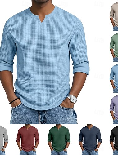  Herren Waffel-T-Shirt T Shirt Langarm V Ausschnitt Sommer Frühling & Herbst Ganzjahres Einfarbig Texture Strickware Täglich Lässig V-Ausschnitt Lässig Täglich Outdoor Blau Schwarz Hellgrün Top