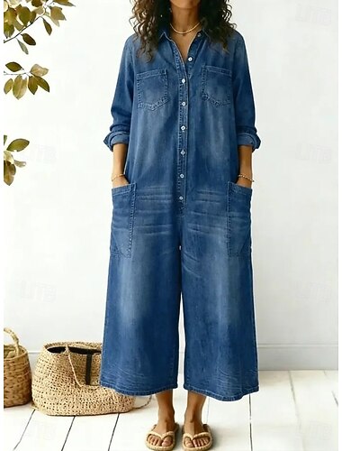  Dames Playsuit Actief Lange mouw Breed Been Dagelijks Vakantie Ruim Passend blauw Zwart Lente