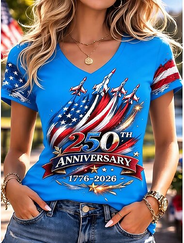  Itsenäisyyspäivä Amerikan juhlapäivä Patrian naisille T-paita Printti graafinen lippu vintage tyylikäs klassinen lyhythihainen V-kaula-aukko säännöllinen yläosa päivittäinen sininen musta valkoinen