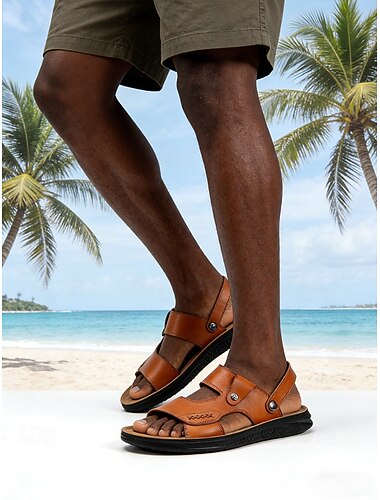  Brune herresandaler i kunstskinn, justerbare og komfortable, flotte for strandferier og sommerturer