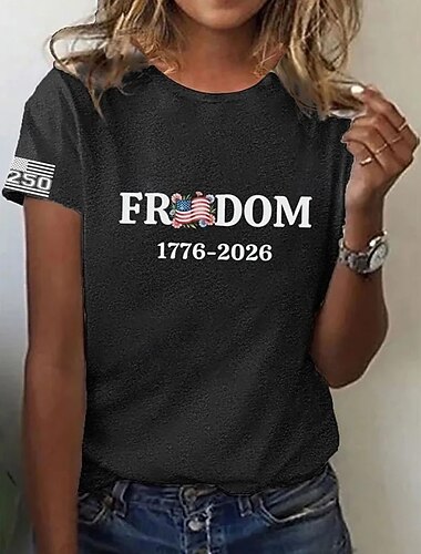  Giorno dell'Indipendenza Americana Per donna Maglietta Stampato Grafico Lettera Bandiera Americana Elegante Classico Casual Manica Corta Girocollo Top lunghi Quotidiano Nero Bianco Rosso Estate