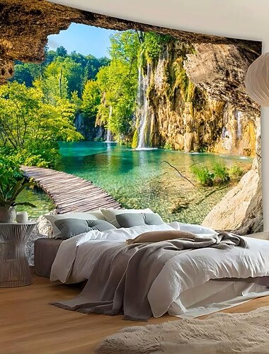  Přírodní tapiserie, les, jezero a vodopád, výhled z jeskyně, malebné nástěnné umění do ložnice, obývacího pokoje a bytového dekoru inspirovaného přírodou
