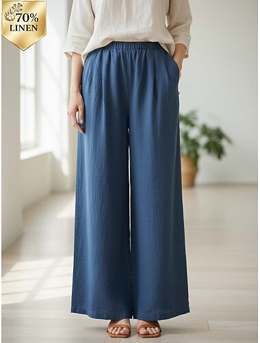  Damen Hose aus Baumwollleinen Weite Hosenbeine Weites Bein Chinos Urlaub Vintage Streetwear Volle Länge Mittlere Taillenlinie Einfarbig Tasche Elastischer Bund Bequem Mikroelastisch Outdoor Straße