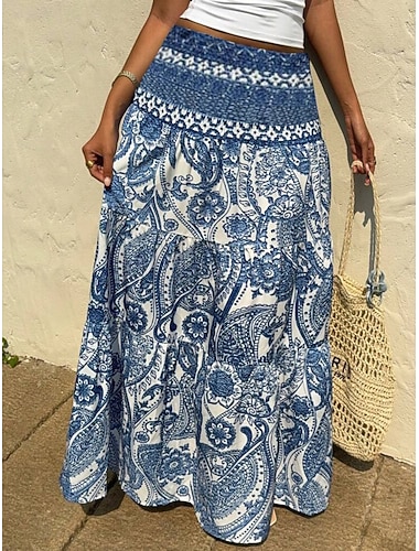  Damen Urlaubsrock Bohemien Vintage Lässig Maxi Hohe Taille Röcke Blumen Druck Mikroelastisch Täglich Straße Blau Sommer Polyester