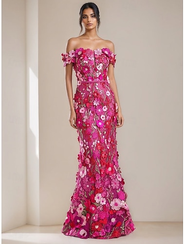  בתולת ים  חצוצרה עד הריצפה שמלות נשף שמלות ערב שמלת נשף לבוש רשמי אלגנטית נוצץ סגנון של מפורסמים ללא שרוולים סירה מתחת לכתפיים מסיבת חצר חתונה תחרה עם ריקמה אפליקציות