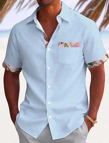  Herren Palmblatt Tropische Pflanzen Sommer Hawaiihemd Knopfhemd Alohahemd Kurzarm Hawaiianisch Strandurlaub Sommer Frühling Umlegekragen 3D-Druck Hemden mit Kragen Eine Tasche vorne Blau Weiß Rosa
