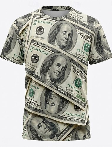  Herre 3D Print 3D Penger T skjorte Kortermet T skjorte 3D-utskrift Crew-hals Skjorte overdrevet Designer Daglig Klubb Fest Svart Hvit Gull Sommer Vår Alle årstider Klær S M L XL XXL XXXL