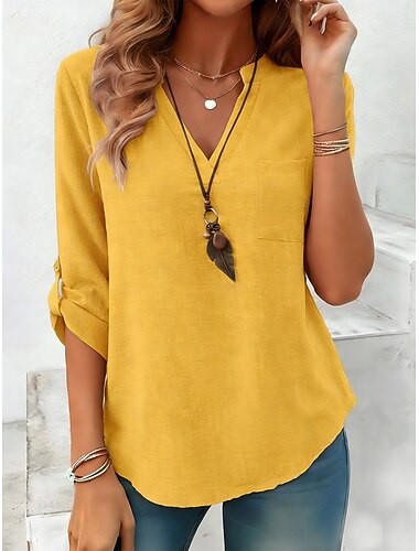  Per donna Camicia Camicie di cotone e lino Camicia casual Blusa Semplice Elegante Classico Moderno Manica Lunga Scollo a V Top Regolari Quotidiano Ferie Uscire Blu Giallo Viola Verde Cachi Primavera