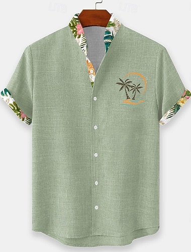 Pánské Kokosový strom Tropické rostliny Květiny Havajská košile Košile na knoflíky Košile s límečkem Krátký rukáv Havajské Plážová dovolená Léto Jaro Stojáčkový límec 3D tisk Len jako košile Vodn