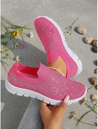  حذاء رياضي نسائي سهل الارتداء مزين بأحجار الراين باللون الوردي الفاتح - جزء علوي من نسيج فلاي نيت يسمح بالتهوية، خفيف الوزن &أحذية رياضية لامعة مناسبة للمشي والركض والسفر والارتداء اليومي &تمارين