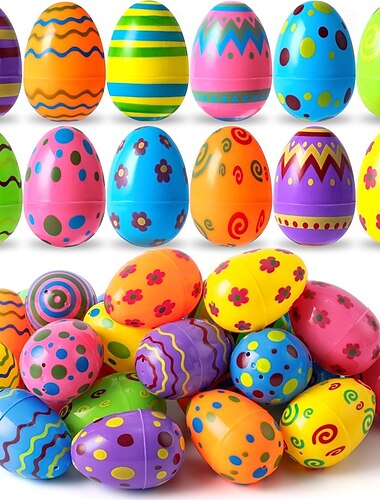  24-osainen setti muovisia, painettuja, kirkkaanvärisiä pääsiäismunia, irtotavarana munia pääsiäisjahtiin, korintäytteitä, luokkahuoneen palkintotarvikkeita, täyteherkkuja ja juhlatarvikkeita