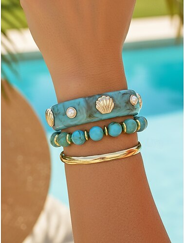  Damesarmbandenset van acryllegering, veelkleurige modieuze armband en stapelbare kralenarmbanden, casual boho resortstijl polsaccessoires voor vakantie, stranduitjes, dagelijks gebruik en vrijetijdsgelegenheden.