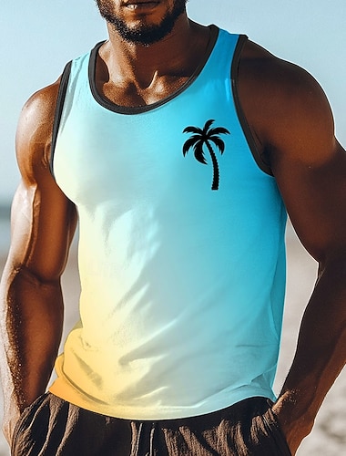  herre singlet vest ermeløs skjorte u-hals sommer cyan lyseblå gul gradient ombre minimalistisk svart palmetre tropisk strand ferie mote gate uformell sport t-skjorte for menn s-xxxl