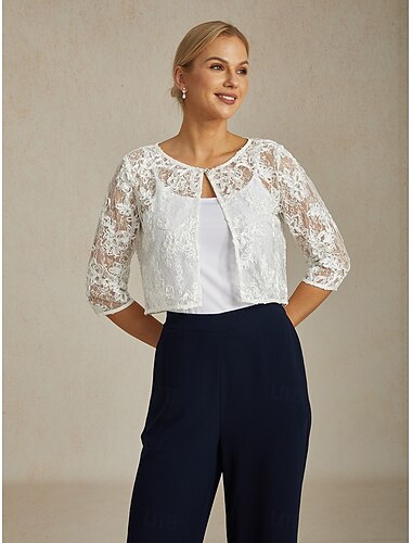  Women's Jacket Wedding Lace Floral Casual / Daily Elegant Outerwear 3/4 Length Sleeve Summer White S