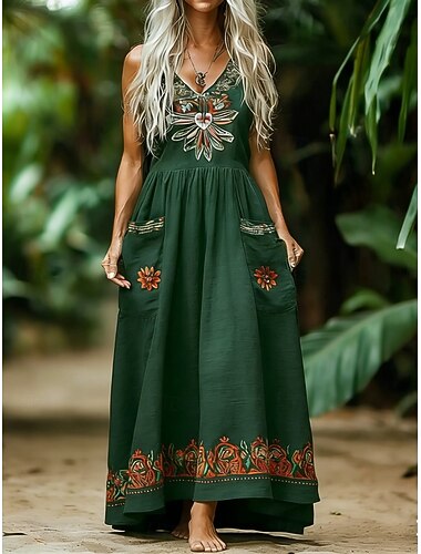  Per donna Abito maxi Abito Boho Abito Floreale Vintage Moda Moderno All'aperto Vacanza Uscire Vestibilità regolare Floreale Senza Maniche Scollo a V Verde scuro Estate Primavera