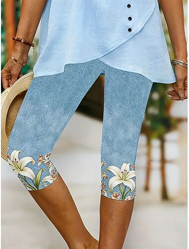  Damen Leggings Urlaub Vintage Mode Capris Hohe Taille Blumen Grafik Drucken Komfort Weich Bequem Dehnbar Lässig Täglich Büro Blau Rosa Sommer Frühling Schmale Passform