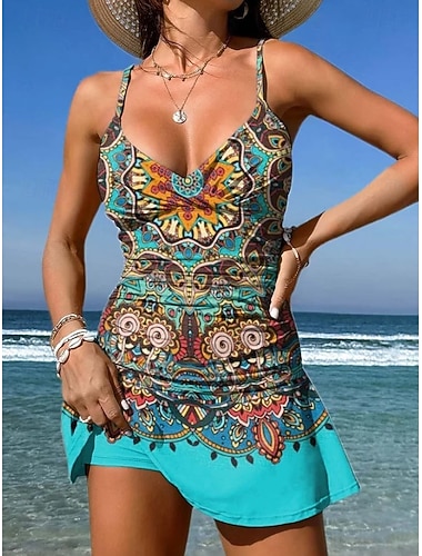  Dames Zwemkleding Een stukje Rok Zwempak Gebreid Elegant Vakantie Grafisch Geometrisch V-hals Mouwloos Badpakken