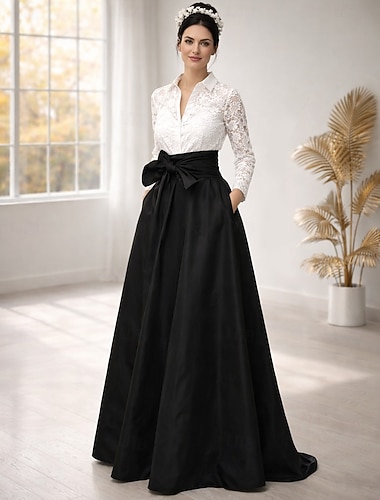  A-lijn Tot de grond Bruiloft gast jurk Formele jurk Avondjurk Moeder van de bruid jurk Lange mouw Overhemdkraag Elegant Eenvoudig minimalistische Formeel Bruiloft gast Kant Stretchsatijn met