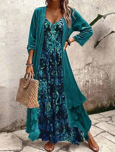  Mulheres Vestido Longo Vestido casual Conjunto de vestido Vestido floral Vestido de decote Elegante Moda Moderno Ao ar livre Férias Para Noite Normal Floral Manga Longa Decote V Azul Verão Primavera
