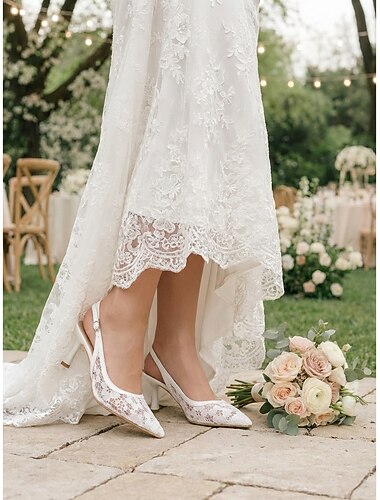  Mulheres Casamento no jardim Casamento Salto Robusto Salto Agulha Dedo Apontado Elegante Renda Mocassim Branco