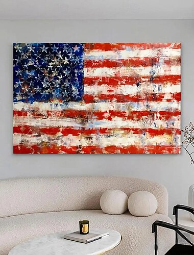  Handgemaltes Ölgemälde auf Leinwand, Wanddekoration mit Sternen, Streifen und amerikanischer Flagge, für die Heimdekoration, auf Keilrahmen gespannt / gerollt, rahmenlos, ungespannt