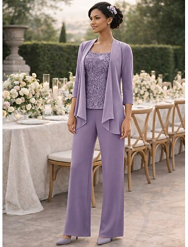  Pak Jurk Vloerlengte Moeder van de Bruid Jurk Lange Mouw Scoop Hals Elegante Eenvoudige Bruiloft Gast met Applicaties Effen Kleur