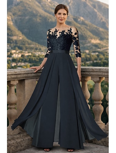  Buksedrakt Ankellengde Kjole til brudens mor 3/4 ermer Øsehals Elegant Fest Formell Bryllupsgjest Chiffon Blonder med Appliqué