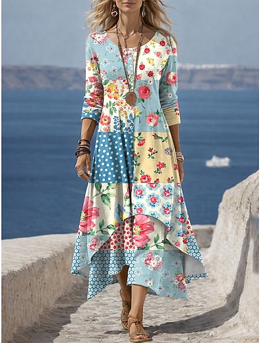  Damen Midikleid Shiftkleid Lässig Täglich Ferien Normale Passform Blumen Grafik Langarm Rundhalsausschnitt Blau Rosa Grün Sommer Frühling