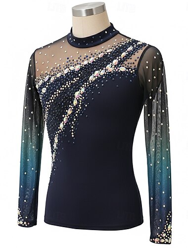  Topp til kunstløp Herre Skøyteløp Topper Mørk Marineblå Lapper Elastisk Trening Konkurranse Skøyteklær Klassisk Krystall / Rhinstein Langermet Skøyting Kunstløp
