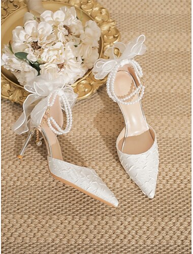  Elfenbensvita pärl- och rosettutsmyckade spetsiga bröllopsklackar för kvinnor - eleganta brudpumps för trädgårdsbröllop
