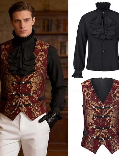  Rococo Renaissance Costume élégant Chemise Gilet Vampire Tenue royale Déguisement Homme Fantaisie Halloween Carnaval Performance LARP Foire de la Renaissance Adulte Gilet Chemise