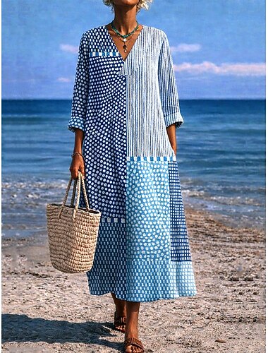  Naisten midi-mekko V-pääntie pitkähiha kaftaani kevyt löysä istuvuus A-linjainen mekko rento boho ulos meneminen graafinen geometrinen raitamalli pitkähiha V-pääntie oranssi punainen musta keltainen