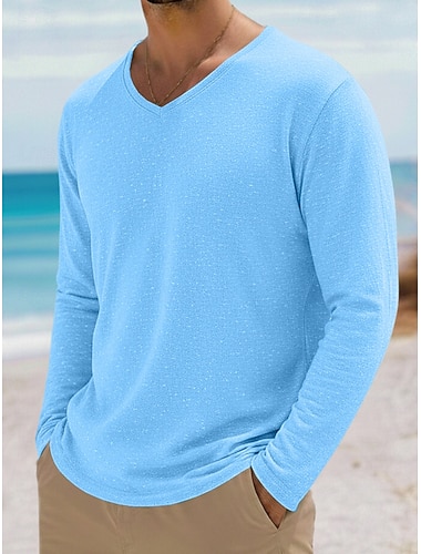  Per uomo Maglietta Maglietta in lino Manica Lunga Scollo a V Primavera & Estate Estate Primavera Tinta unica Semplice Quotidiano Casual Stile da Strada Puro Casuale All'aperto Streetwear Rosa chiaro