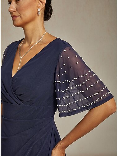  Dames Maxi-jurk Schede jurk Elegant Effen Kleur Korte mouw V-hals Marineblauw