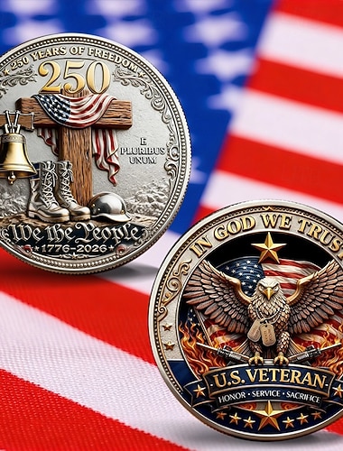  US-Veteranen-Gedenkmünze „In God We Trust“ – 250 Jahre Freiheit – Challenge Coin (1776–2026), limitierte Auflage mit Adler, Militärstiefeln, Freiheitsglocke und amerikanischer Flagge