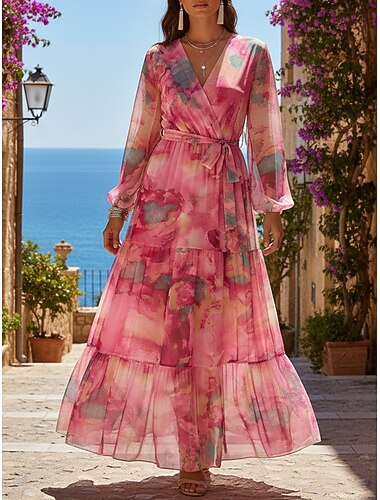  Női Maxiruha hétköznapi ruha Sifon ruhák Köntösruha Elegáns Divat Modern Szabadtéri Tengerpart Vakáció Normál Virágos Hosszú ujj V-alakú Arcpír rózsaszín Nyár Tavasz