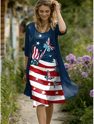  Amerikanischer Unabhängigkeitstag Damenkleid, elegantes A-Linien-Kleid mit grafischem Flaggenprint, Lagenmuster, Midikleid mit halben Ärmeln und Rundhalsausschnitt, ideal für den Alltag, in Blau, Rot